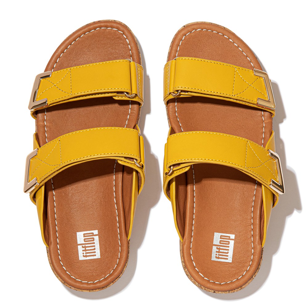 Fitflop Womens Slides Yellow - Remi Adjustable Leather - 04ZMDSCTW